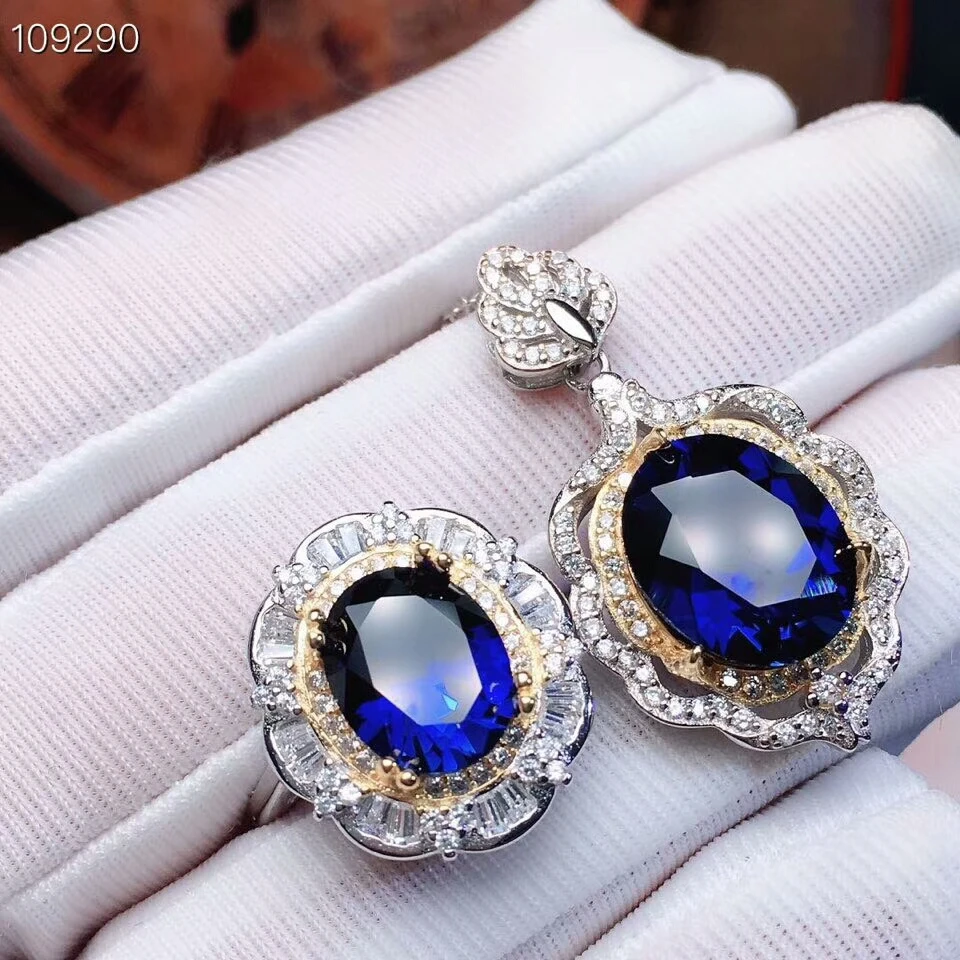 

MeiBaPJ Perfect Sapphire Gemstone Jewelry Set 925 Sterling Silver 2 Siut Fine Luxurious Wedding Jewelry for Women