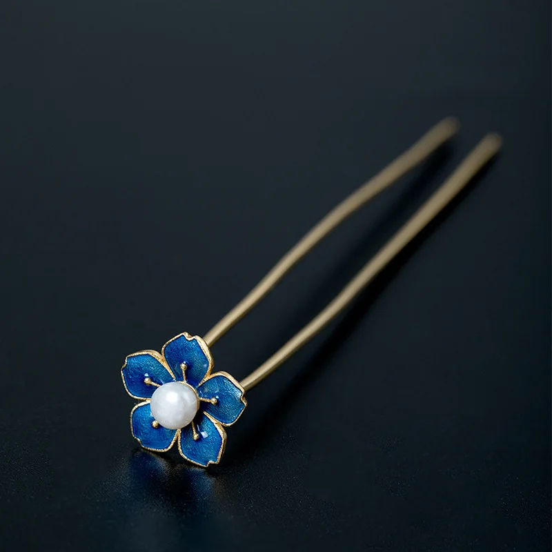 

Solid 925 Sterling Silver Hair Pins for Women Blue Enamel Flower Pearl Wedding Hair Accessories for Brides Vintage Jewelry