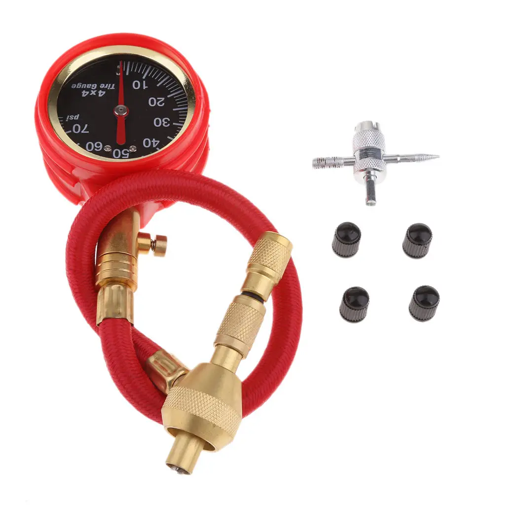 Red Mechanical Pointer Tire Pressure Gauge Tyre Deflator Kit with 4 Valve for Automobile Cars Trucks Repair Tools |
