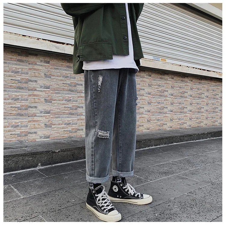 Japanese Ripped Jeans Men's Straight Loose Capri-Pants Korean Casual Pants Male  Hiphop Clothes Streetwear  Distressed Jeans