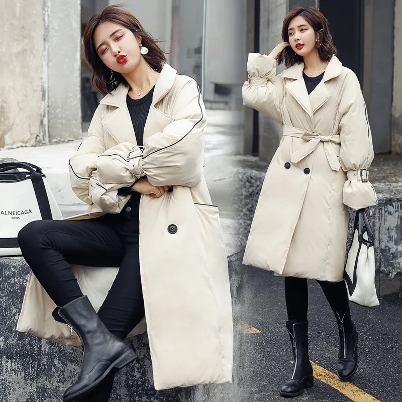 

Thick Cotton Coat Women's Winter 2019 Mid-length Waist Double Breasted Fold-down Collar Versatile Long Sleeve Warm Slimming Cott