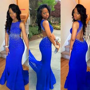 

Robe de Soiree Courte Women Open Back African Evening Dresses Mermaid Beads Long prom Party Dress Gowns O Neck 2020 Hot Sale
