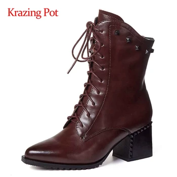 

Krazing pot fashion boots natural leather rivet decorations pointed toe thick high heel zipper mature modern mid-calf boots L1f4