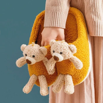 

2020 Winter Women Fur Slippers Cute 3D Bear-Doll Warm Plush Bedroom Ladies Non-Slip Flat Shoes House Couples Furry Slippers