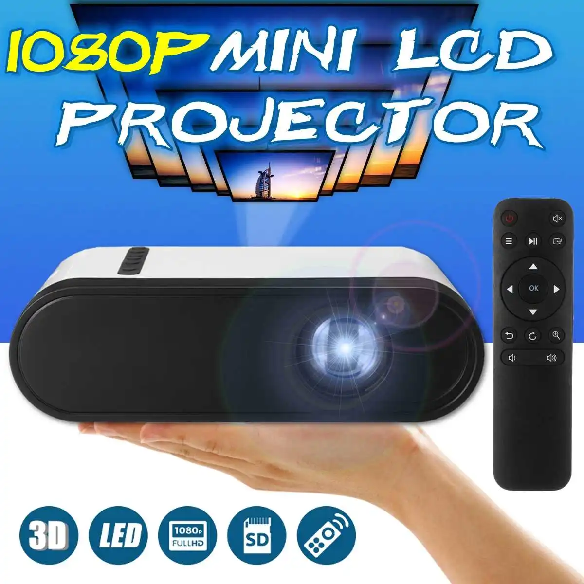 

LEORY Mini Projector 2 inch LCD LED Lamp 1080P HD 2500 Lumens HDMI Video 3D Projector Home Media Player Beamer
