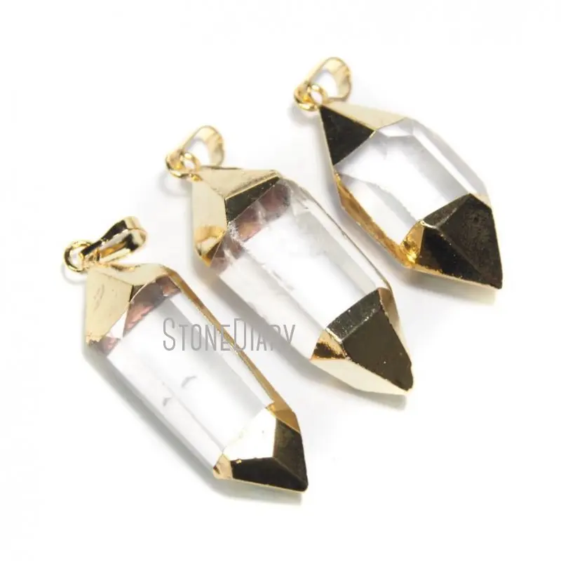 

PM15945 Healing Clear Crystal Quartz Point Pendant Gold Plated Hexagonal Prism Jewelry