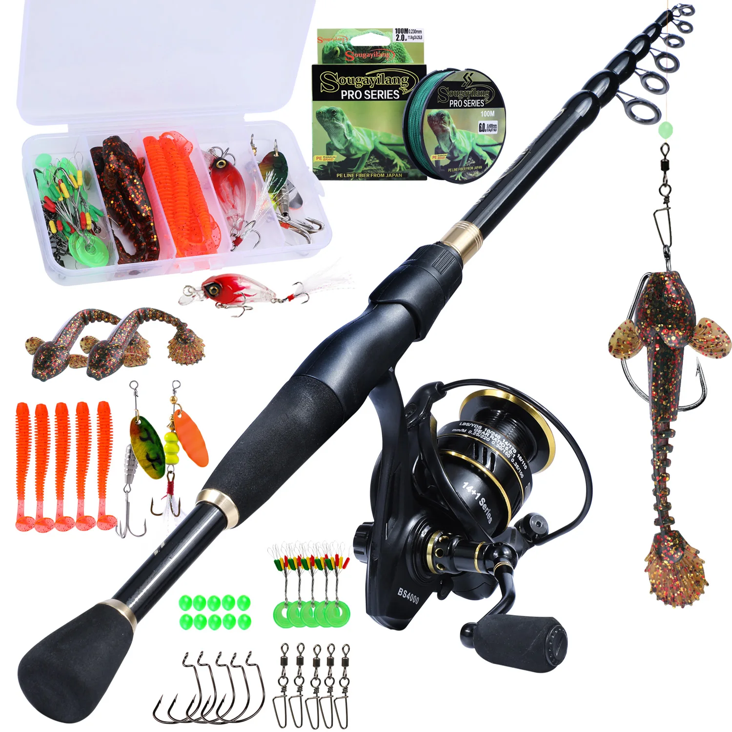 Sougayilang Fishing Rod and Reel Combo Set with Telescopic Spinning Rod and Spinning Reels Fishing Line Lure Hooks Full Kit