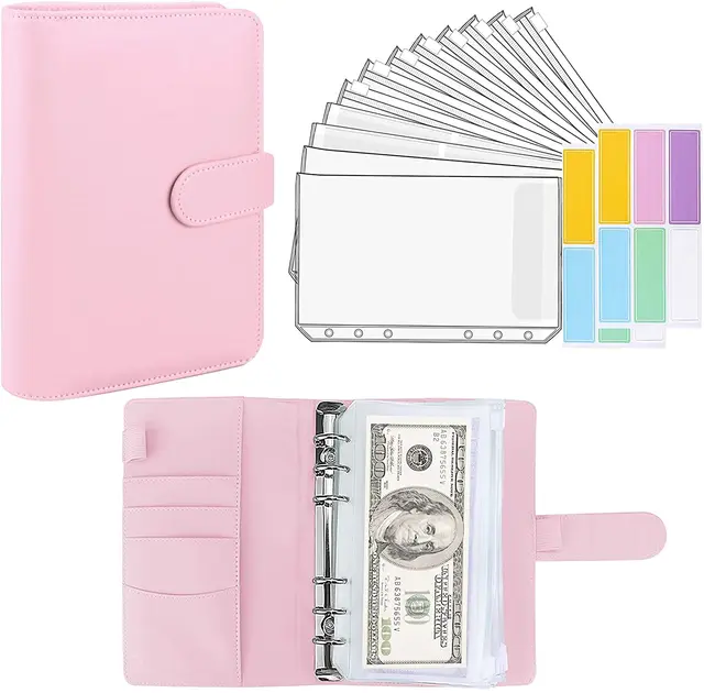 15 Pieces Binder Budget Planner Cash Envelope Binder with Budget Envelopes A6 Binder Pockets Cash Envelope Wallet for Budgeting Pink-14pcs