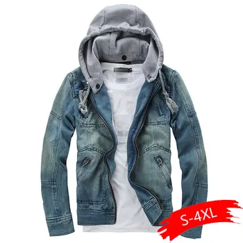 

2020 Fashion Casual Men's Slim Blue Denim Jacket Hooded Washable Detachable Cap Jeans