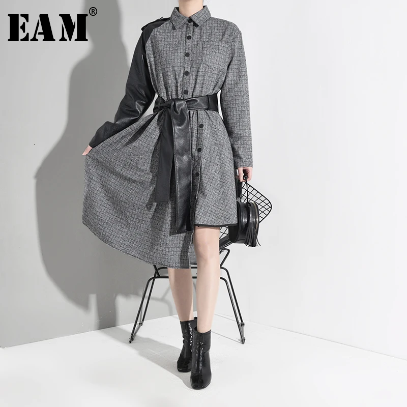 

[EAM] Women Black Plaid Tweed Asymmetrical Leather Dress New Laepl Long Sleeve Loose Fit Fashion Tide Spring Autumn 2020 A802