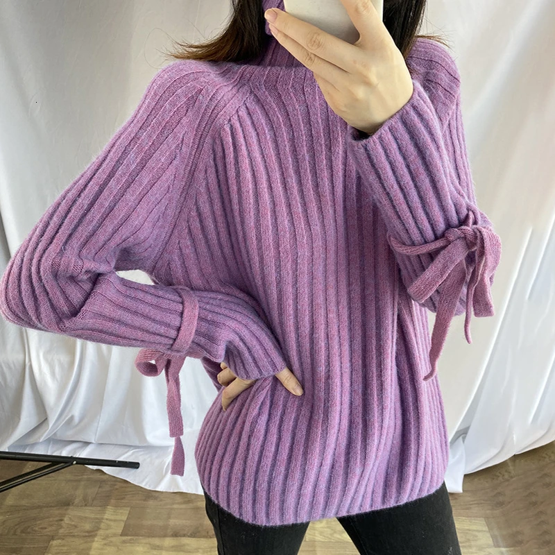 

Casual Lace Up Bow Women's Sweaters Turtleneck Long Sleeve Loose Sweater For Female Autumn Winter Fashion Tide