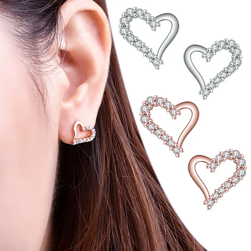 

Exquisite Women's Heart Stud Earring Sweet Romantic White Zircon Crystal Earring Rose Gold Plated Earring Bridal Wedding Jewelry