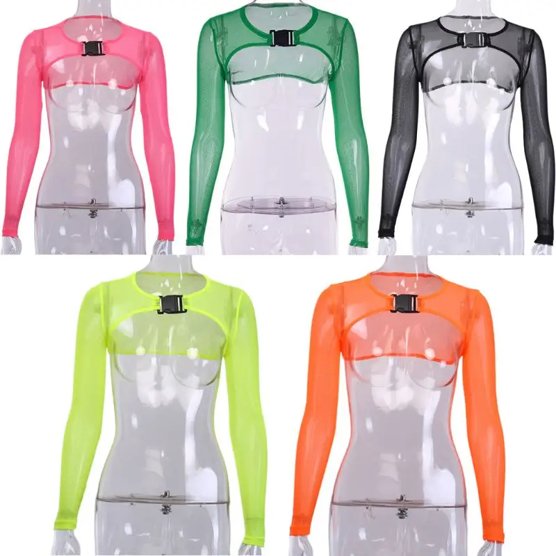 

Women Long Sleeves Sexy Sheer Mesh T-Shirt Crop Top O Neck Front Buckle Halter Streetwear Bright Neon Festival Party Clubwear