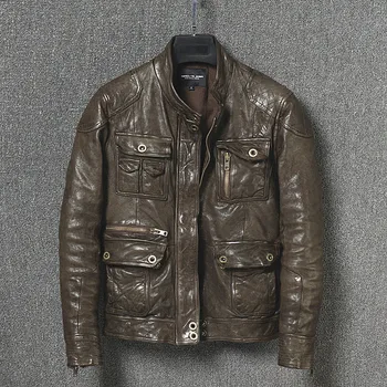 

2020 men's safari style vintage M65 genuine washed vegetable tanning sheepskin biker jacket men leather coat male