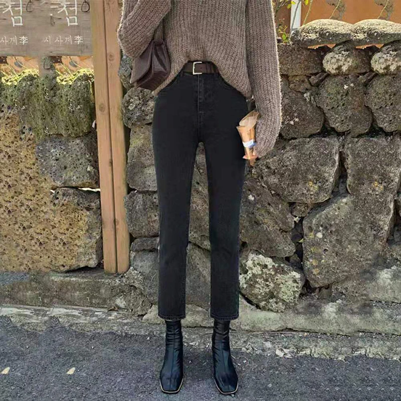 Zpqowv Unique Design Jeans Dark Goth Sexy Skinny High-Rise Long Legs Soft Cowboy High Street Style Little Woman | Женская одежда