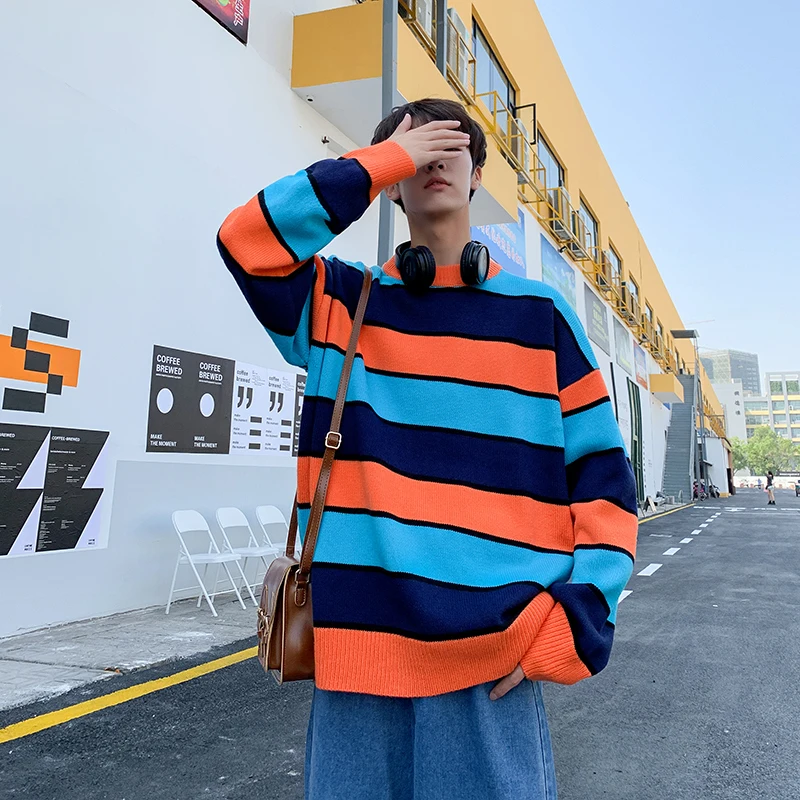 Winter Striped Sweater Men Warm Fashion Contrast Color Casual Knit Sweater Man Sweter Clothes Loose Long-sleeved Pullover Men