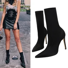 Women Sock Boots High Stiletto Heels Sexy Pointed Toe Shoes Lycra Pumps Calf Stretch Booties plus size 9.5 cm