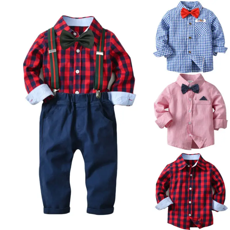 Ceny 6 M 7 T noworodek Baby Boy Kid Gentleman T shirt topy + spodnie na szelkach stroje ubrania
