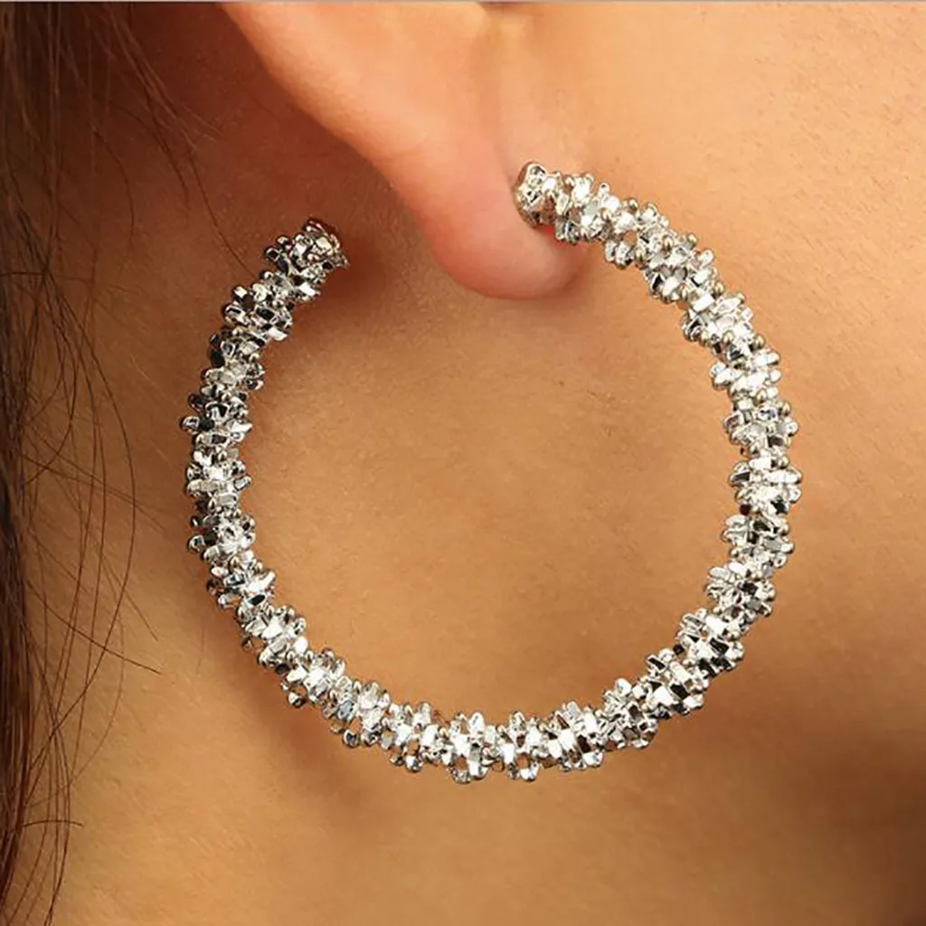 

Fashion Korean Style Hoop Earrings Asymmetric Round Crystal Earrings Metallic Rhinestone Women's Jewelry Joyas De Mujer New