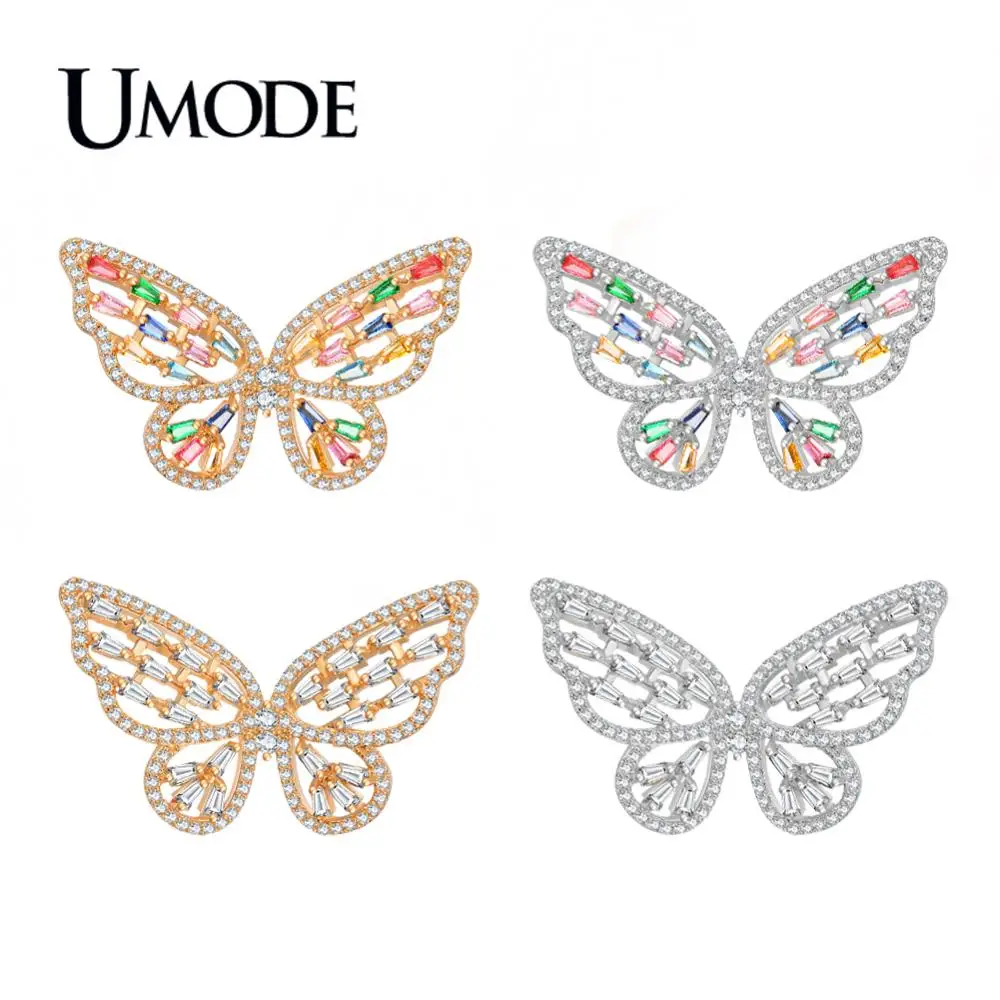 UMODE, мода, новые цветные циркониевые серьги-гвоздики в виде бабочек для женщин, золотые полые серьги цвета шампанского, ювелирные изделия с кристаллами, AUE0602