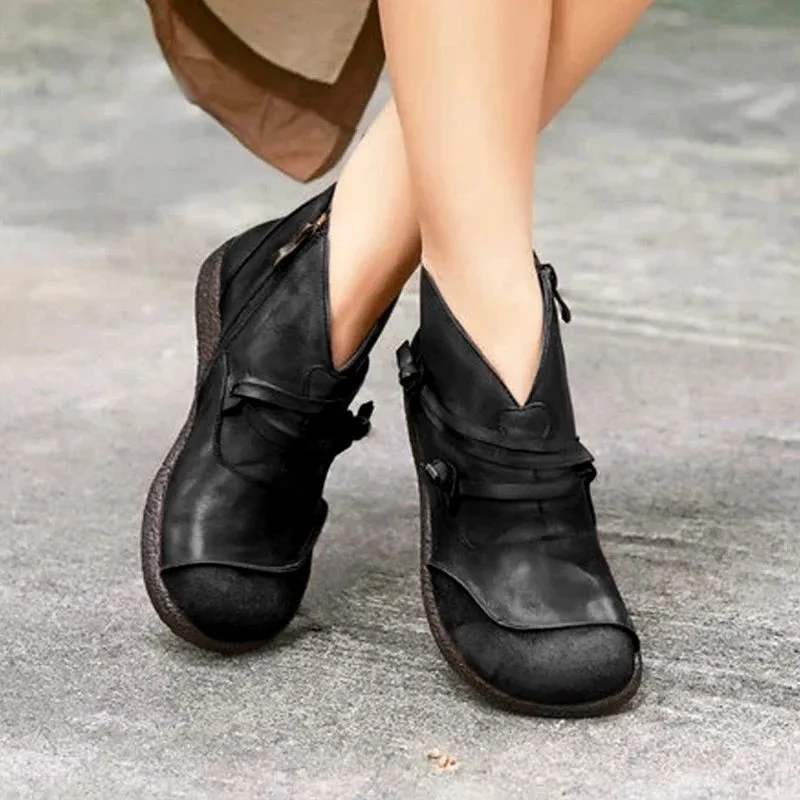 Oeak/ботильоны; женская обувь на плоской подошве из искусственной кожи в стиле ретро; повседневные полусапожки с круглым носком на молнии с пряжкой; Mujer Zapatos; - Цвет: Black