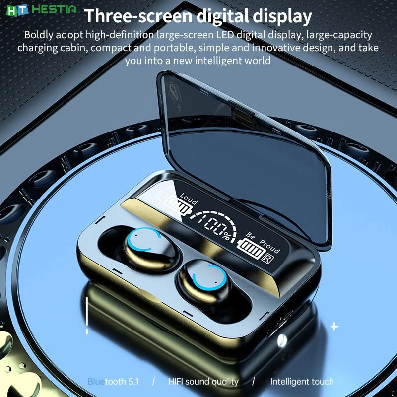 

F9-47 TWS 5.1 Large Screen LED Three Electric Digital Display Touch Bluetooth Headset Emergency Charging LED Flashlight Function