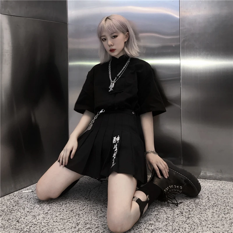 Harajuku Готическая женская черная мини-юбка, Корейская уличная мода, винтажная вышивка, для школьницы, высокая талия, тонкая плиссированная короткая юбка