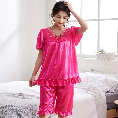 Белье размера плюс 5XL, шелковое, атласное, кружевное, с вышивкой, сексуальное, свободное, ночная рубашка, для женщин, негабаритное, платье-рубашка, для сна, Ropa, лето, осень, для дома - Цвет: Rose Pink 6521 SET 2
