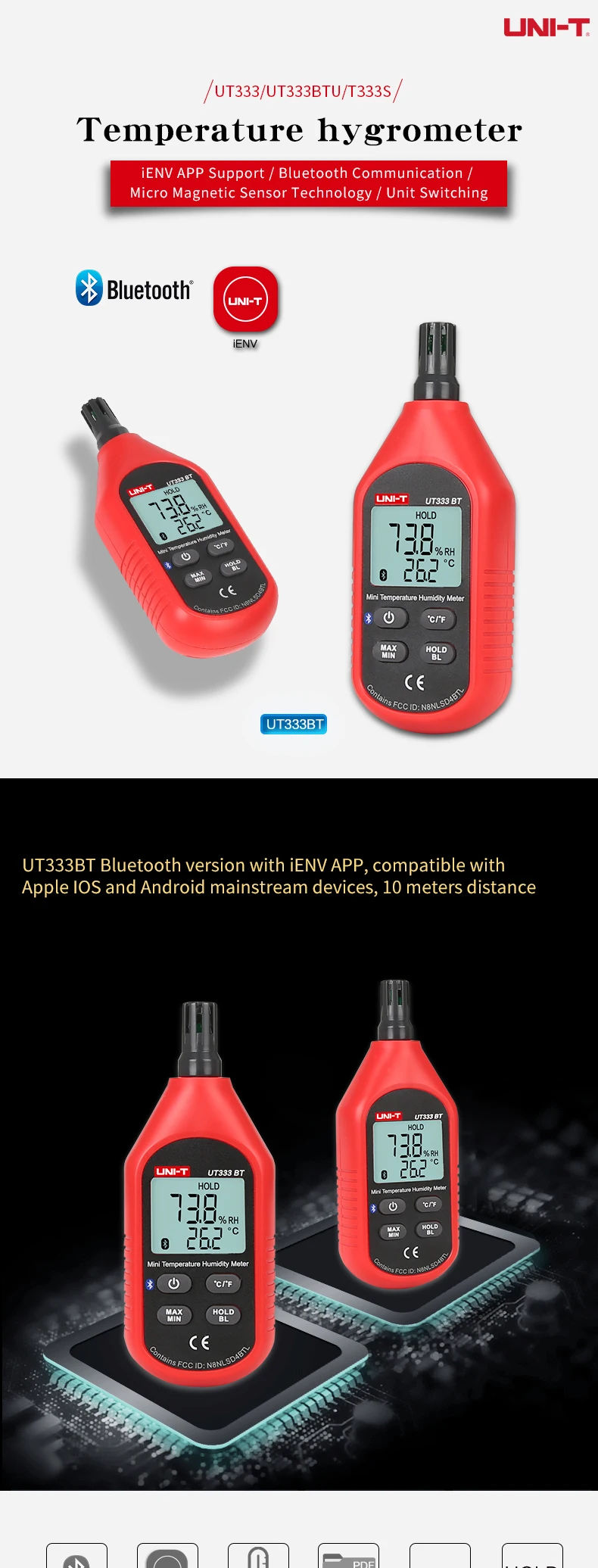 UNI-T UT333 UT333BT UT333S Мини-измеритель температуры и влажности В помещении Наружный Индикатор перегрузки Блок индикации преобразования Подсветка гигрометра