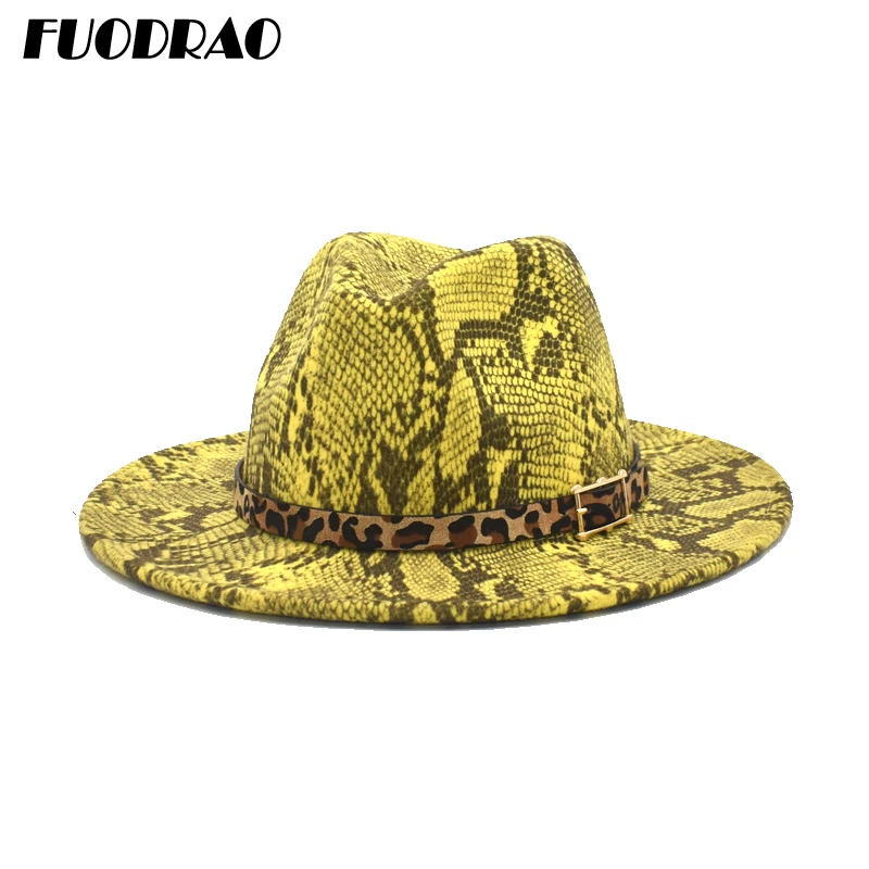 

FUODRAO Winter Fashion Wool Fedoras Hat For Women Snake Print Hats Men Wide Brim Jazz Cap Panama Hat F127
