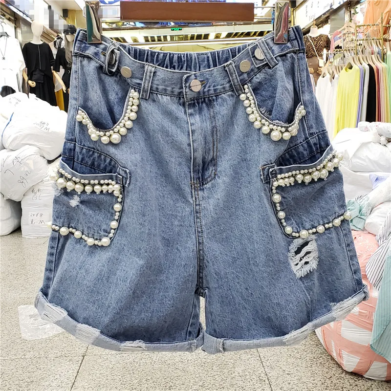

2020 Summer New Heavy Industry Pearl Hole High Waist Was Thin and Loose Denim Shorts Women Jfmhrx Jeans Shorts Woman