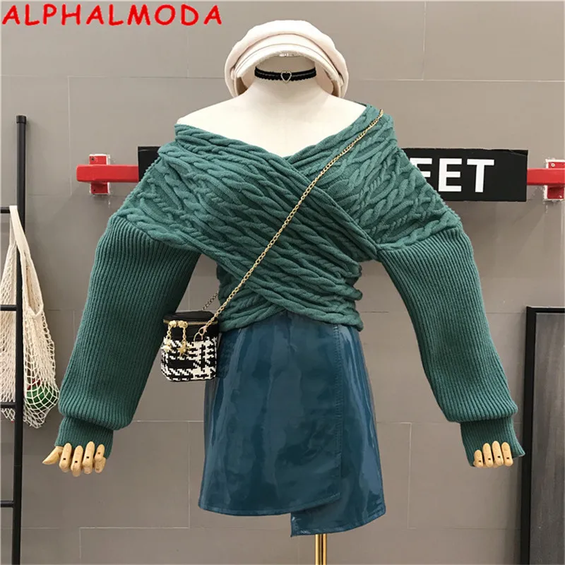 ALPHALMODA Autumn 2019 New Stylish Twisted Pullover Sweaters Crossed Over V-neck Bat-Sleeve Slim Ladies Fashion Jumper | Женская одежда