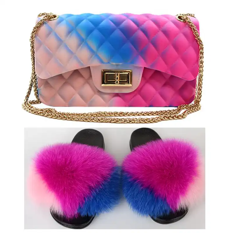 fluffy slides with matching purse