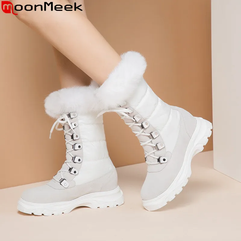 

MoonMeek 2020 new ankle boots women round toe lace up down+suede leather boots flat platform winter keep warm snow boots