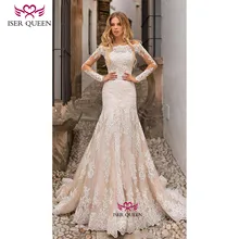 Прозрачное кружевное свадебное платье с вышивкой и длинными рукавами 2 в 1, свадебные платья русалки цвета шампанского, Vestidos De Novia W0639
