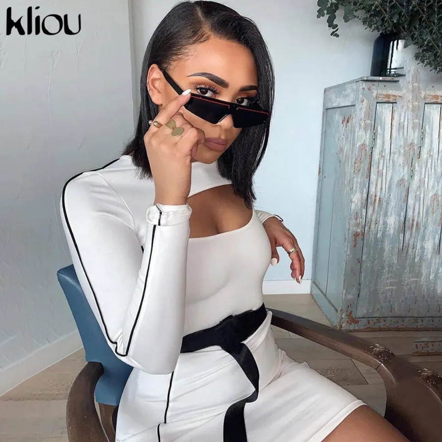 Kliou осеннее женское эластичное обтягивающее платье, однотонное, с круглым вырезом, с длинными рукавами, с поясом, женские сексуальные вечерние Клубные платья
