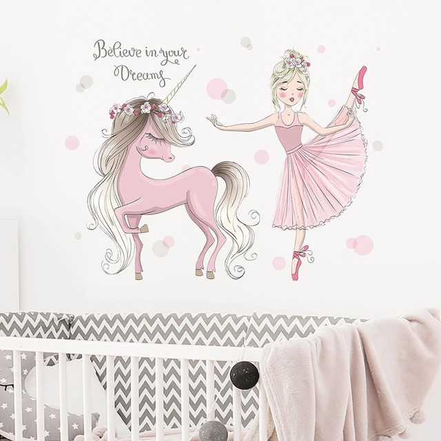Princess Wall Stickers Cartoon Unicorn Stickers Vinyl Decorative Wall Decor Poster for Kids Girl Rooms Ballet Girl Wall Sticker 4