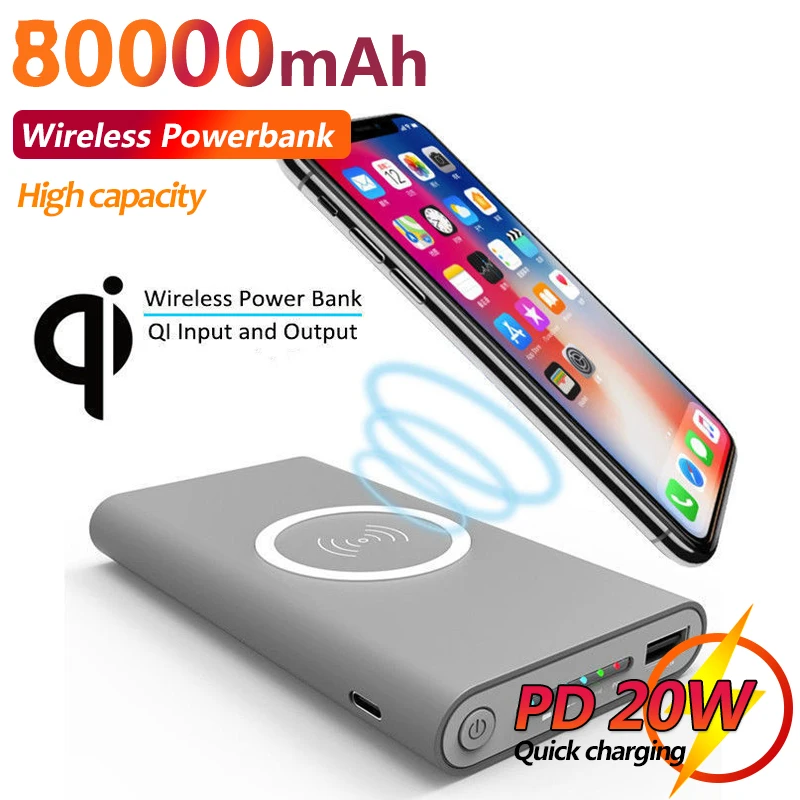 80000mAh Large Capacity Qi Wireless Power Bank Portable External BatteryFast Charging Phone Charger For Xiaomi Samsung Iphone | Мобильные