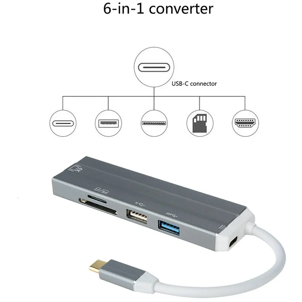  6 In 1 Usb-C Hub 4K Hd Video Audio Adattatore del Cavo di Tipo C A Hdmi Usb 3.0 /Usb 2.0 Con lettor