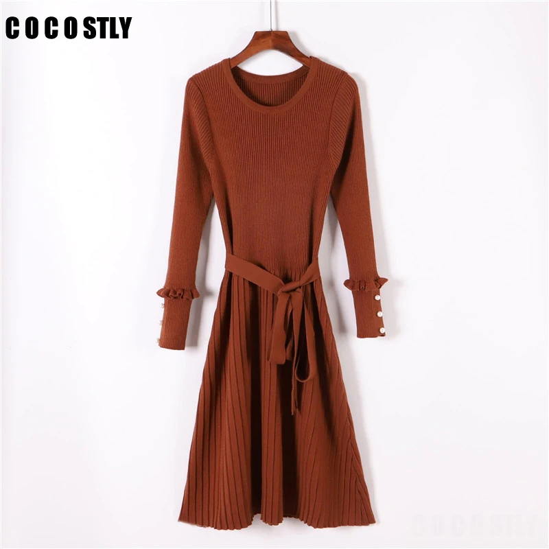 

Winter Dress Women Sweater Dress Pleated A-Line Swing Wrap Belted Dresses O Neck Long Sleeve Chic Beading Lady Dresses