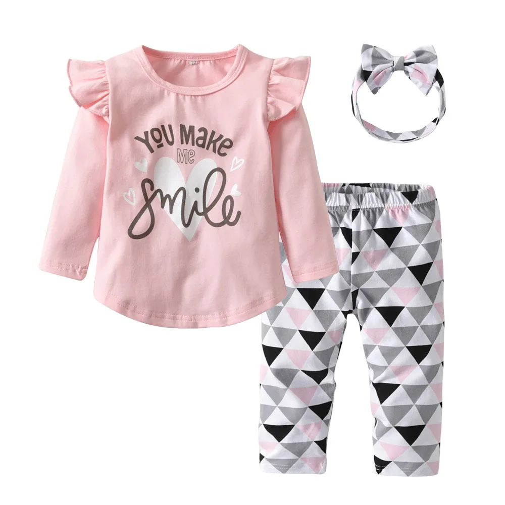 Infant Clothing Newborn Baby Girls Clothes 3Pcs Set Cute Toddler Cotton You Make Me Smile Outfits T-shirts+Pants+Headband | Мать и