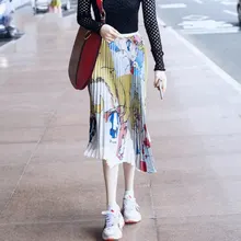 Милые длинные юбки с рисунком для женщин Осень Женская эластичная юбка с высокой талией желтая шифоновая плиссированная макси юбка