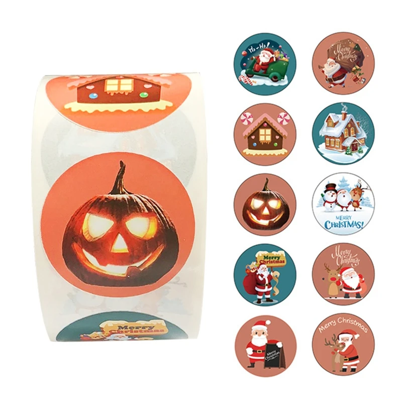 

500Pcs/roll Cute Cartoon Christmas Elements Label Stickers Craft Stationery Adhesive Sealing Baking Paper Decals