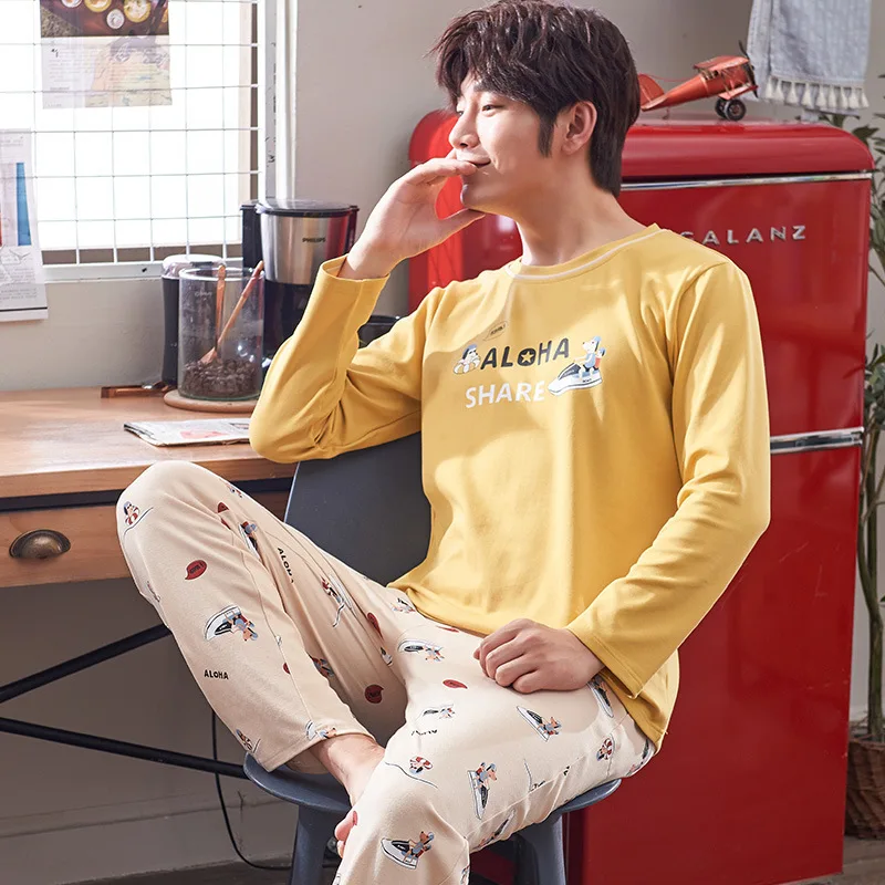 

Spring And Autumn 6535 Cotton Pajamas Men's Long Sleeve Thin Home Wear-Outer Wear Men's Young And Middle-aged Set Japanese Korea