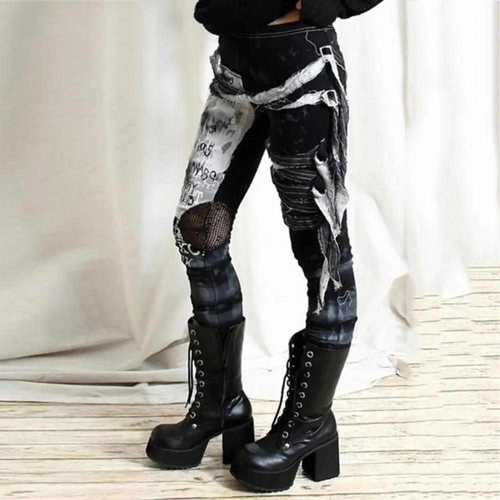 Women's Cool Ultra Gathered Pants Gothic Rocker Distressed Punk Tie Leggings Breathable High Waist Sport Femme Workout Legging