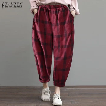 

Women Vintage Plaid Checked Pants ZANZEA Casual Long Harem Trousers Loose Elastic Waist Turnip Pantalon Plus Size Palazzo 5XL