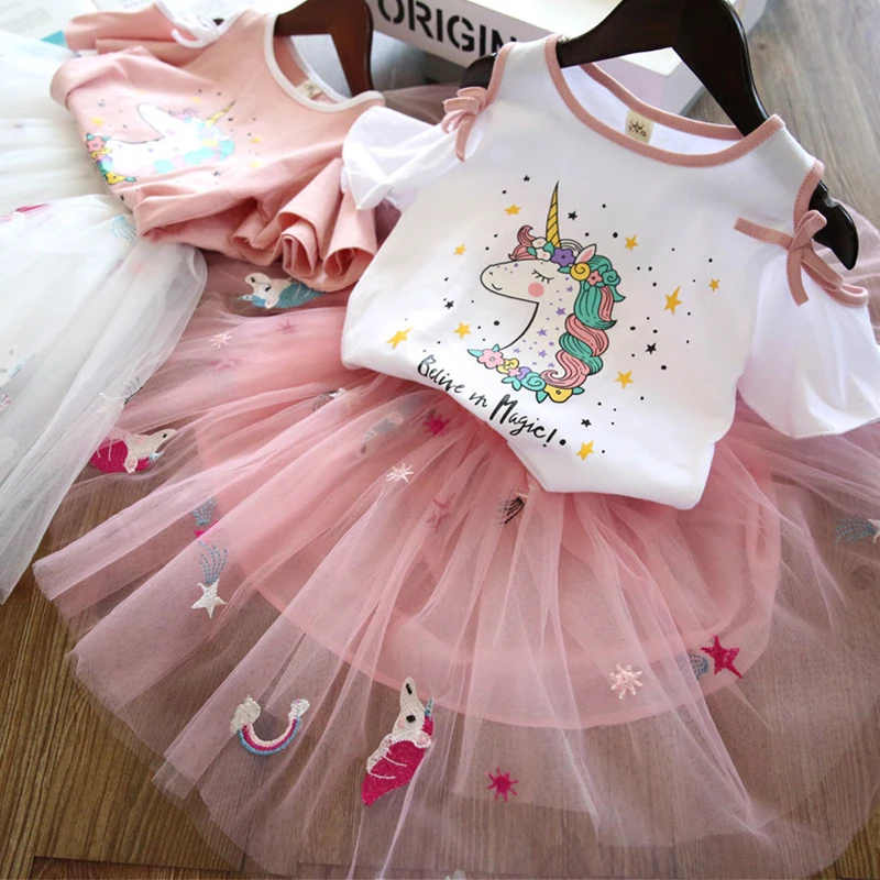 

Летние хлопковые комплекты одежды для девочек, Летний жилет из 2 предметов, футболка с единорогом + кружевная юбка, Детские комплекты, модная одежда для девочек, костюм