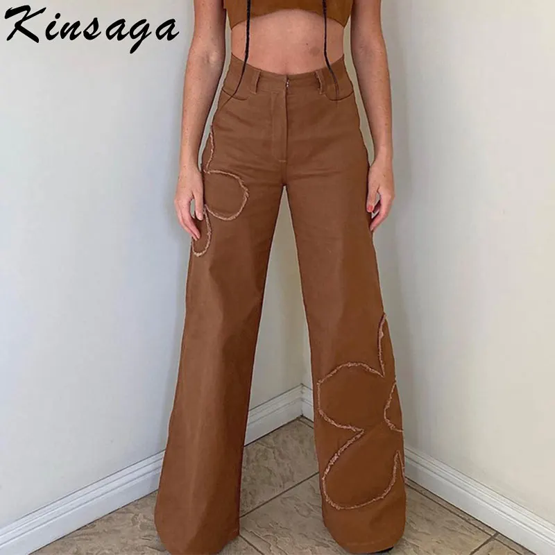 Jeans larghi marroni Streetwear Vintage Harajuku Y2k pantaloni in Denim  Cargo dritto Patchwork floreale estetico pantaloni larghi da donna|Jeans| -  AliExpress