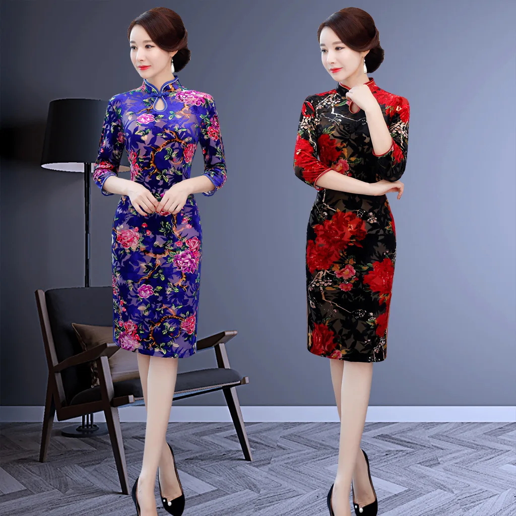 

2019 Spring And Autumn New Style Half-sleeve Shirt Stand Collar Long Cheongsam Retro Wind Velvet Improved Mom Cheongsam Dress