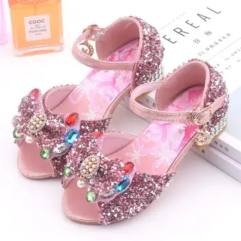 

Princess Kids Leather Shoes For Girls Flower Casual Glitter Children High Heel Girls Shoes Butterfly Knot Blue Pink Silver